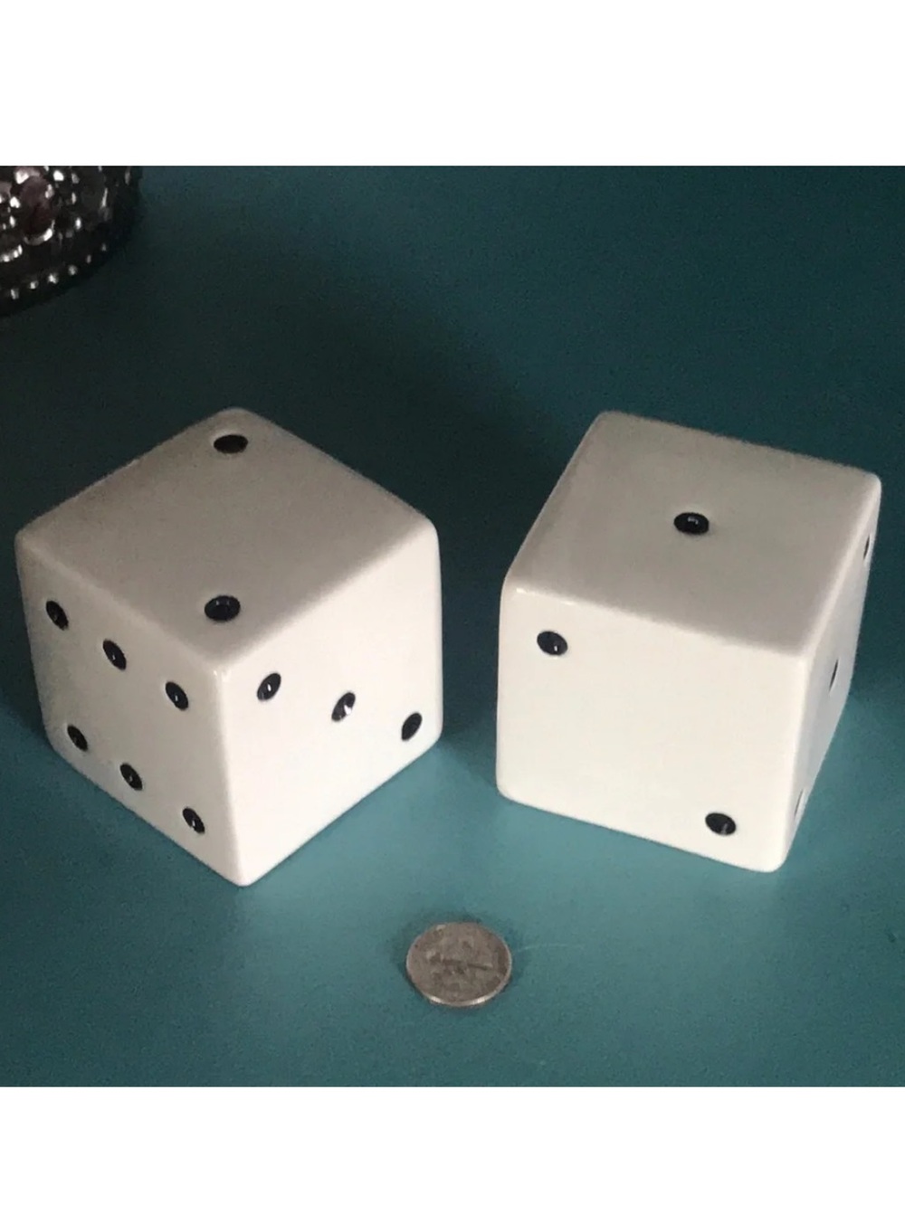 Pair of Ceramic Dice Salt and Pepper Shakers - White with Black Dots